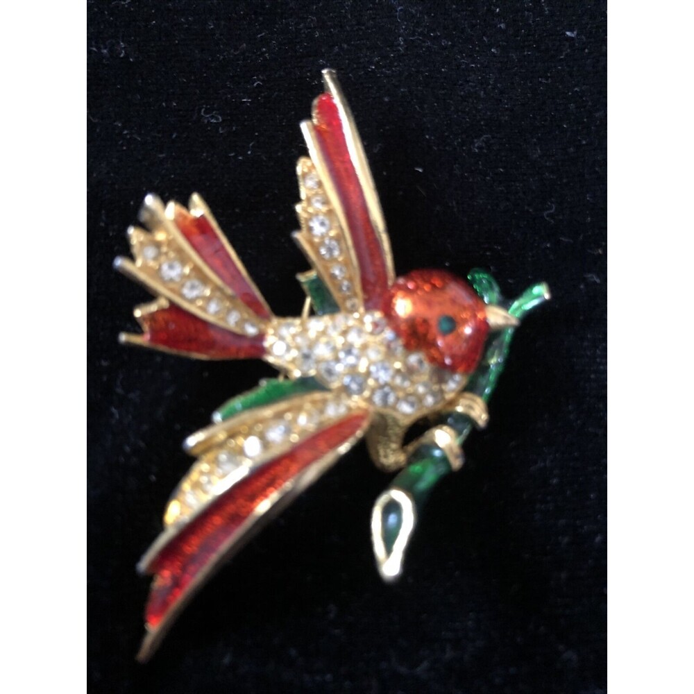 Vintage Rhinestone Metallic Enamel Figural Bird on Branch Brooch